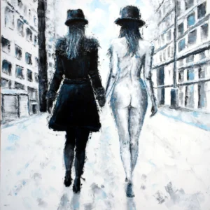 Shopping Time II, 2 women walking accross the winter street, one is nude.