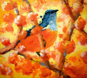 obraz, malba na plátně od Lubosh Valenta, oranžový pták sedícív oranžovém pozadí s názvem Opeřené mimikry