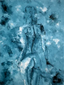 Abstract painting of a woman viewed from behind, standing in a relaxed pose. The artwork features shades of blue with textured brushstrokes, creating an impressionistic, serene atmosphere