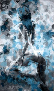 Abstract painting of a seated woman in a contemplative pose, painted in a palette of blue, black, and white tones. The brushstrokes create a textured and impressionistic effect, emphasizing the curves and shadows of her figure.