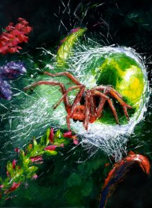 Obraz, malba na plátně, pavouk v pavučině s barevnými květy s názvem Mikrovesmír barev od Lubosh Valenta